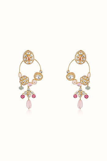 Gold Finish Pink Tourmaline & Green Aventurine Stone Dangler Earrings In Sterling Silver