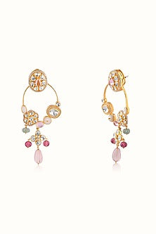 Gold Finish Pink Tourmaline & Green Aventurine Stone Dangler Earrings In Sterling Silver