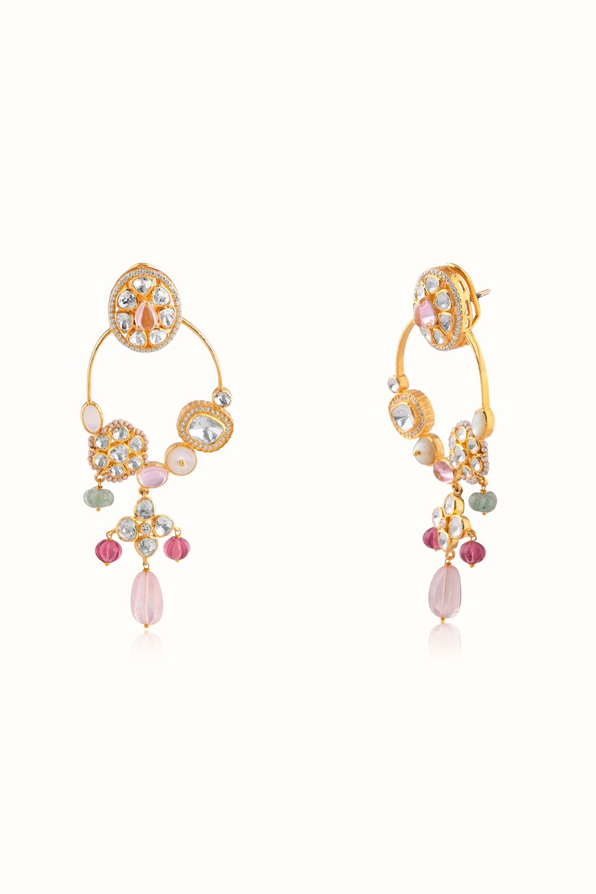Gold Finish Pink Tourmaline & Green Aventurine Stone Dangler Earrings In Sterling Silver