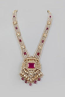 Gold Finish Ruby & Pearls Long Necklace In Sterling Silver
