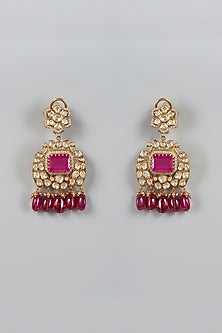 Gold Finish Ruby & Pearls Long Necklace In Sterling Silver