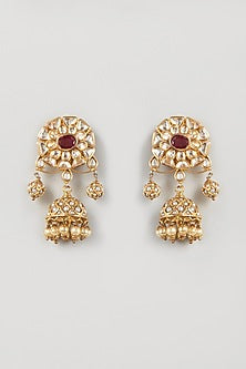 Gold Finish Kundan Polki Jhumka Earrings In Sterling Silver