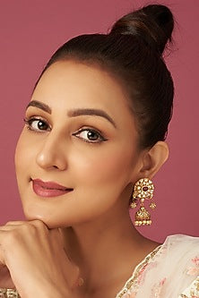 Gold Finish Kundan Polki Jhumka Earrings In Sterling Silver