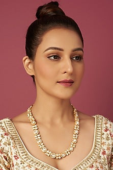Gold Finish Kundan Polki Long Necklace In Sterling Silver