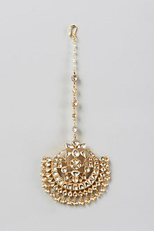 Gold Finish Kundan & Diamond Maangtikka In Sterling Silver