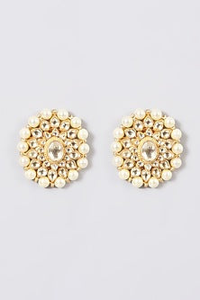 Gold Finish Pearl Stud Earrings In Sterling Silver