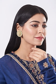 Gold Finish Pearl Stud Earrings In Sterling Silver