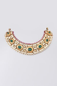 Gold Finish Pearl & Kemp Stone Necklace In Sterling Silver