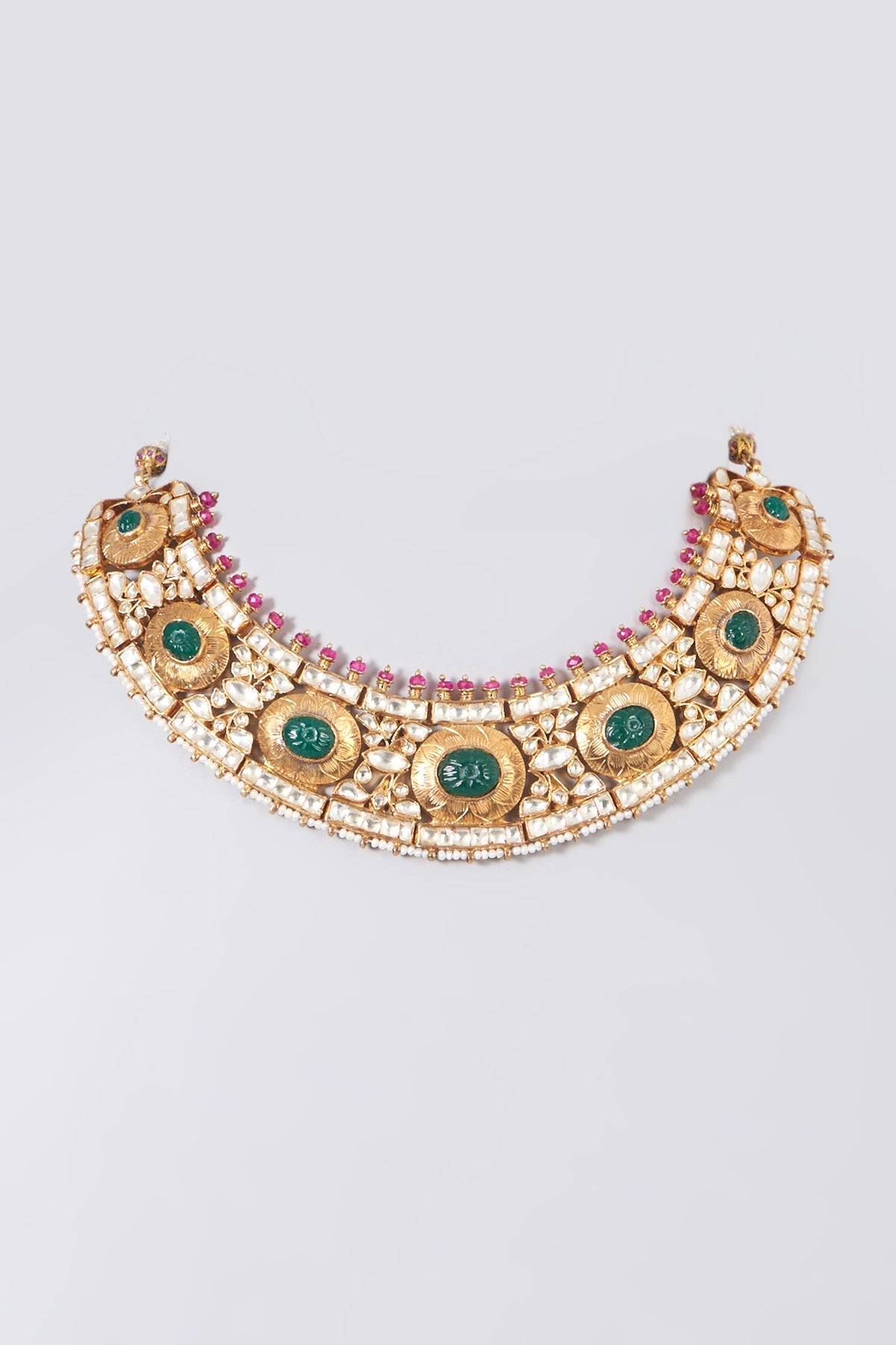 Gold Finish Pearl & Kemp Stone Necklace In Sterling Silver