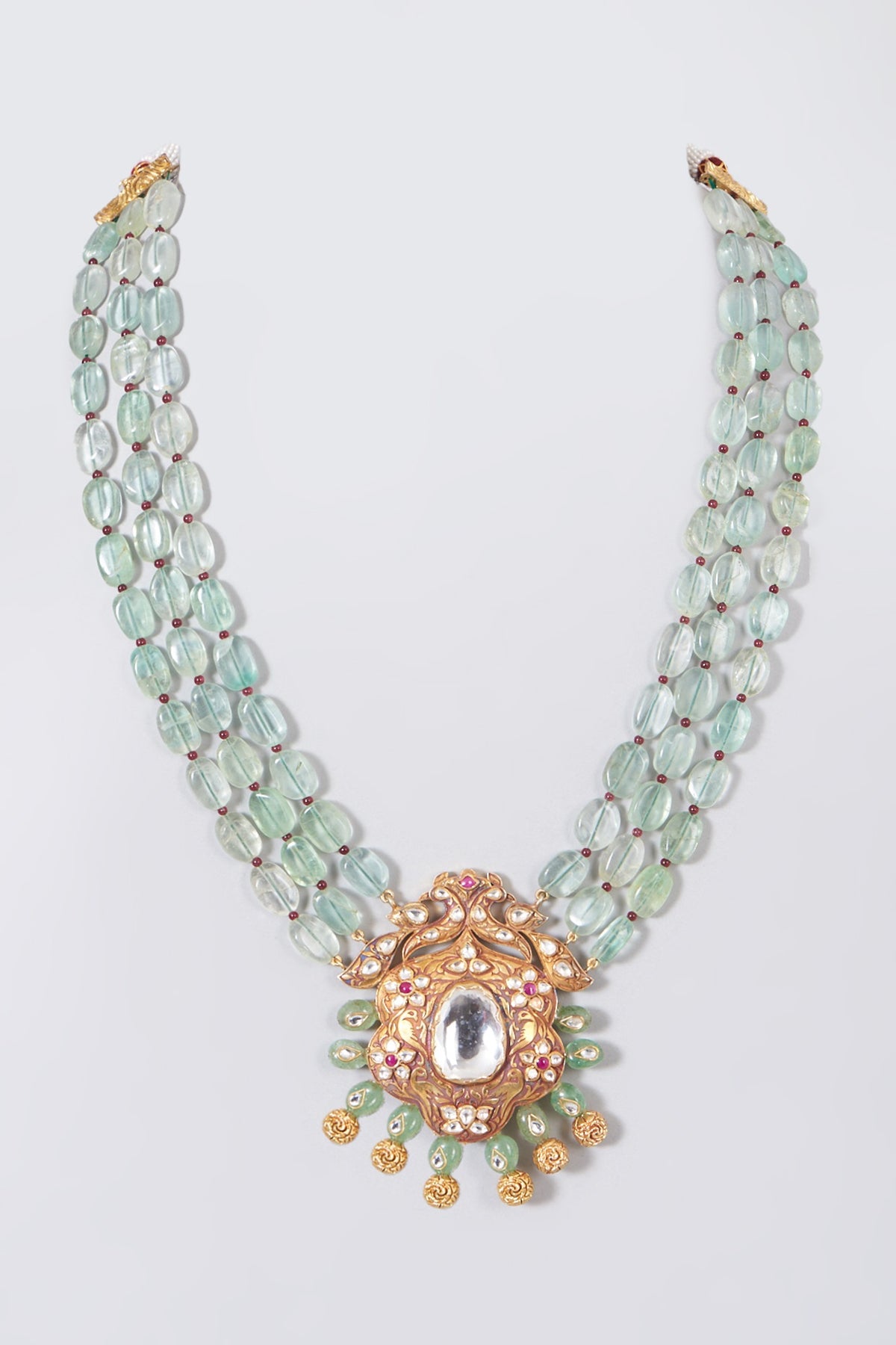 Gold Finish Fluoride Beaded Necklace In Sterling Silver