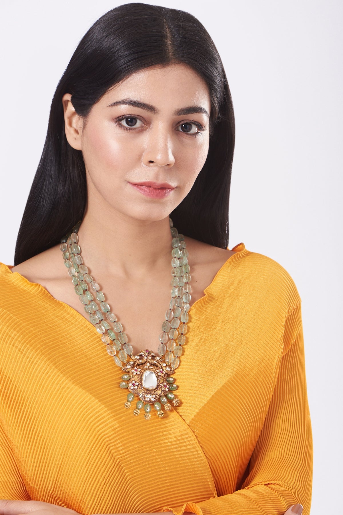 Gold Finish Fluoride Beaded Necklace In Sterling Silver