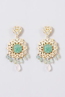 Gold Finish Carved Fluoride Stone Earrings In Sterling Silver