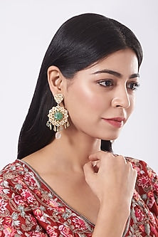 Gold Finish Carved Fluoride Stone Earrings In Sterling Silver