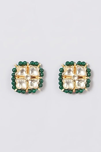 Gold Finish Green Onyx Beaded Stud Earrings In Sterling Silver
