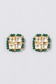 Gold Finish Green Onyx Beaded Stud Earrings In Sterling Silver