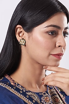 Gold Finish Green Onyx Beaded Stud Earrings In Sterling Silver