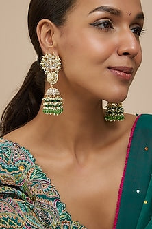 Gold Finish Kundan Polki & Green Drop Jhumka Earrings