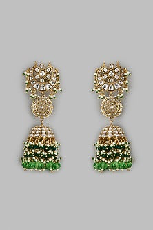 Gold Finish Kundan Polki & Green Drop Jhumka Earrings