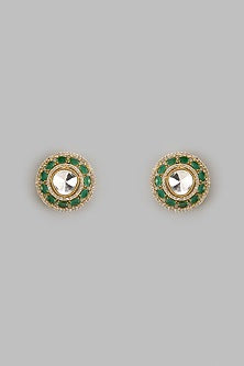 Gold Finish Kundan Polki & Green Synthetic Stone Stud Earrings