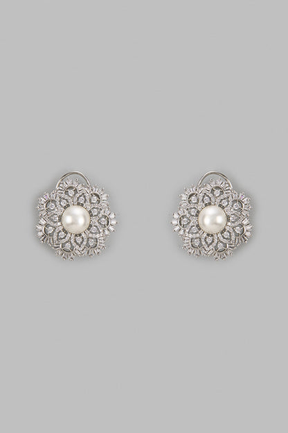White Finish Zircon & Pearl Stud Earrings