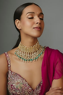 Gold Finish Kundan Polki & Glass Beaded Choker Necklace