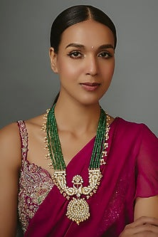 Gold Finish Kundan Polki & Green Beaded Long Necklace