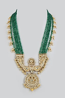 Gold Finish Kundan Polki & Green Beaded Long Necklace