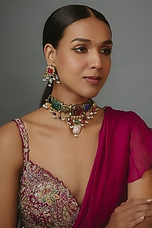 Gold Finish Multi-Colored Synthetic Stone Choker Necklace Set