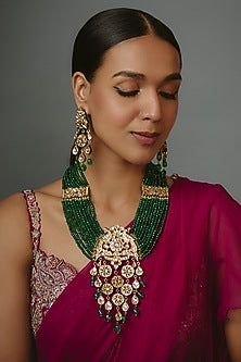 Gold Finish Kundan Polki & Green Beaded Long Necklace Set