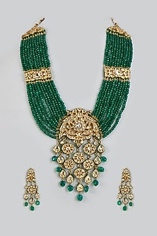 Gold Finish Kundan Polki & Green Beaded Long Necklace Set