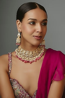 Gold Finish Kundan Polki & Pink Drop Beaded Choker Necklace Set