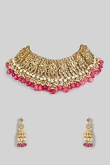 Gold Finish Kundan Polki & Pink Drop Beaded Choker Necklace Set
