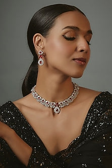 White Finish Zircon & Ruby Synthetic Stone Necklace Set