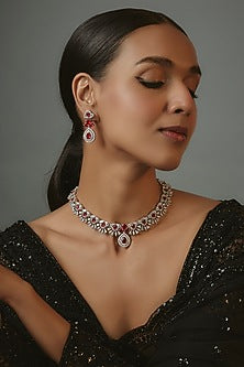 White Finish Zircon & Ruby Synthetic Stone Necklace Set
