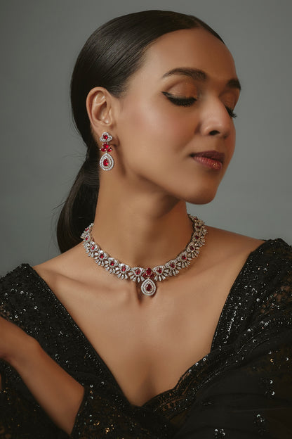 White Finish Zircon & Ruby Synthetic Stone Necklace Set
