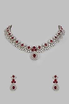 White Finish Zircon & Ruby Synthetic Stone Necklace Set