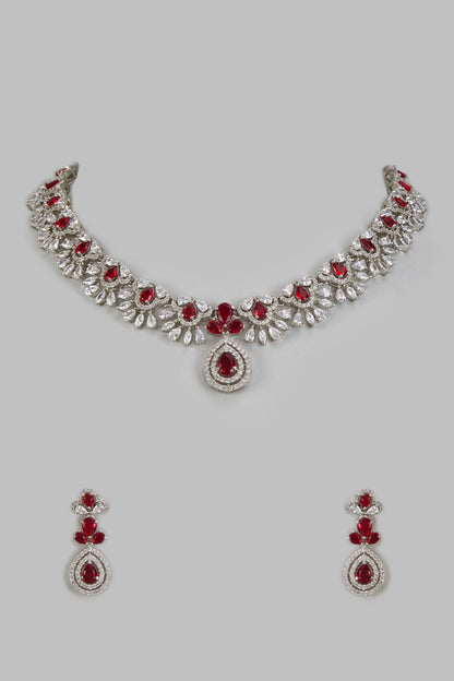 White Finish Zircon & Ruby Synthetic Stone Necklace Set
