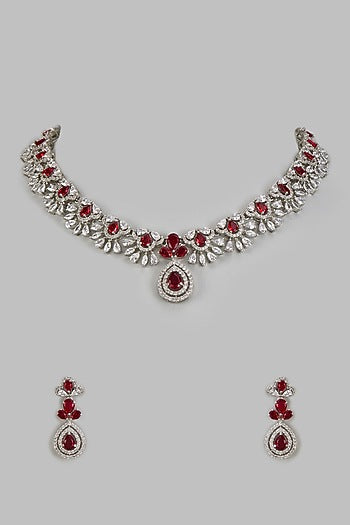 White Finish Zircon & Ruby Synthetic Stone Necklace Set