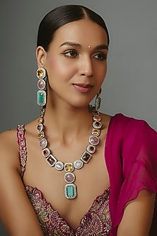 White Finish Multi-Colored Synthetic Stone Necklace Set