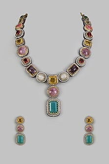 White Finish Multi-Colored Synthetic Stone Necklace Set