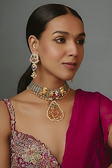 Gold Finish Kundan Polki & Multi-Colored Stone Enameled Choker Necklace Set