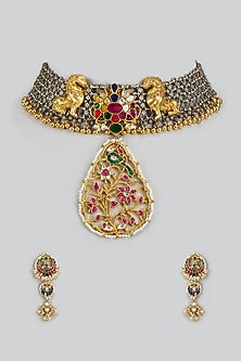 Gold Finish Kundan Polki & Multi-Colored Stone Enameled Choker Necklace Set