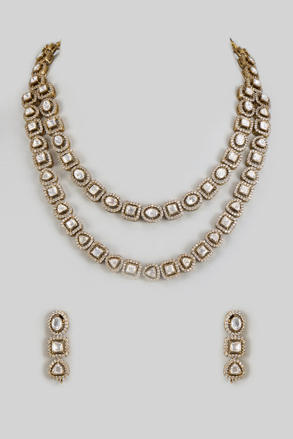 Gold Finish Kundan Polki Layered Necklace Set