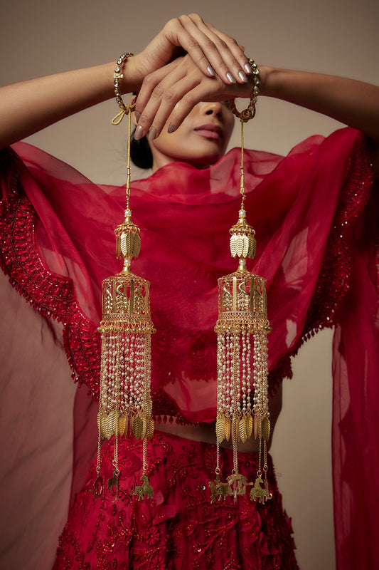 Gold Finish Pearl & Bird Motif Tying Kaleeras (Set Of 2)