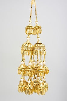 Gold Finish Chandelier Pearl & Charm Tying Kaleeras (Set Of 2)