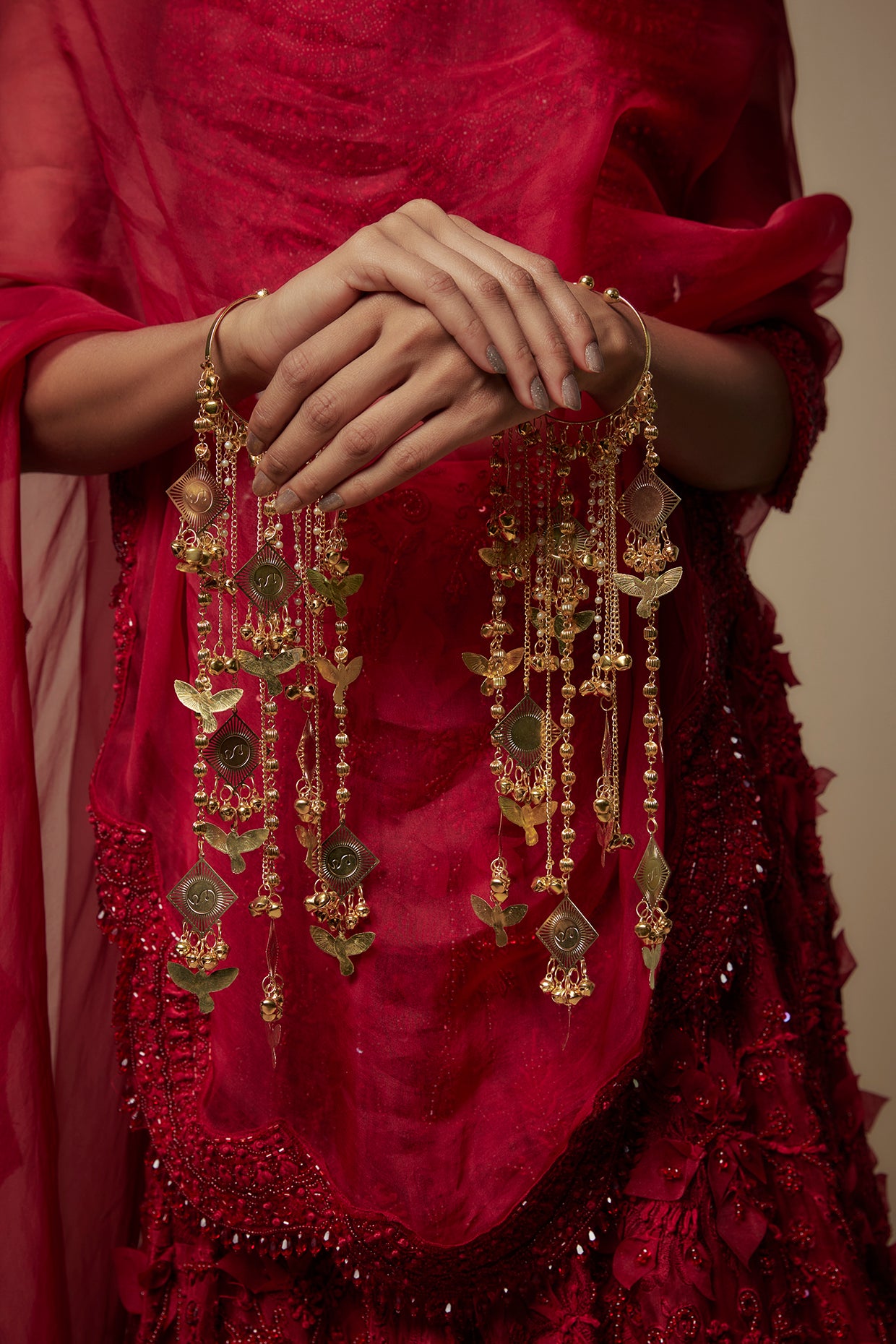 Gold Finish Hanging Charm Bangle Kaleeras (Set Of 2)