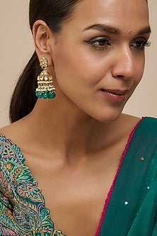 Gold Finish Kundan Polki & Green Bead Drop Jhumka Earrings