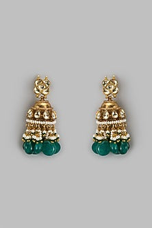 Gold Finish Kundan Polki & Green Bead Drop Jhumka Earrings