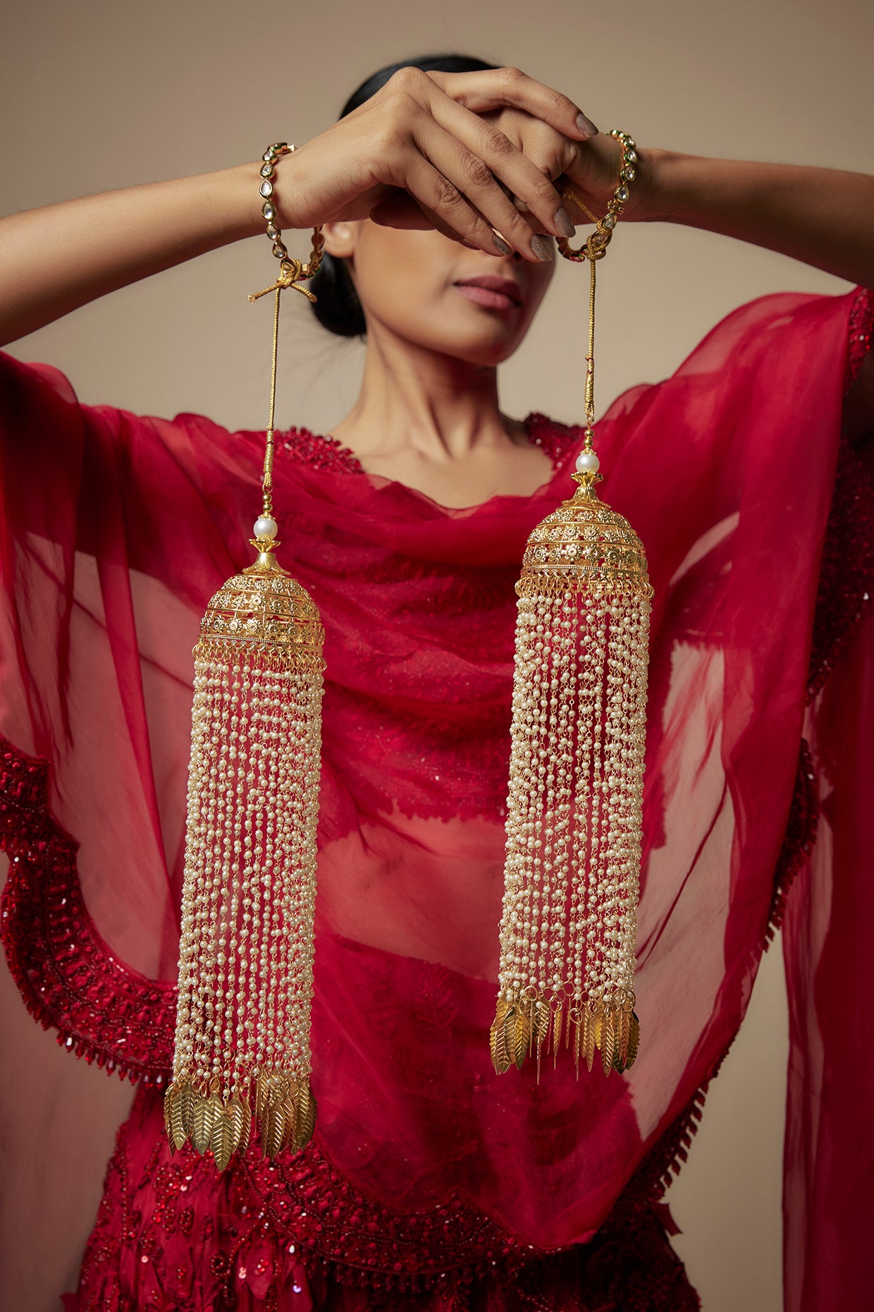 Gold Finish Pearl Strands & Leaf Charm Tying Kaleeras (Set Of 2)