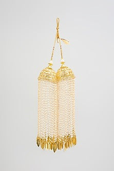 Gold Finish Pearl Strands & Leaf Charm Tying Kaleeras (Set Of 2)